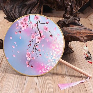 Quạt tròn cổ trang dây tuyến cầm tay in hoa  phong cách cổ điển Trung Hoa