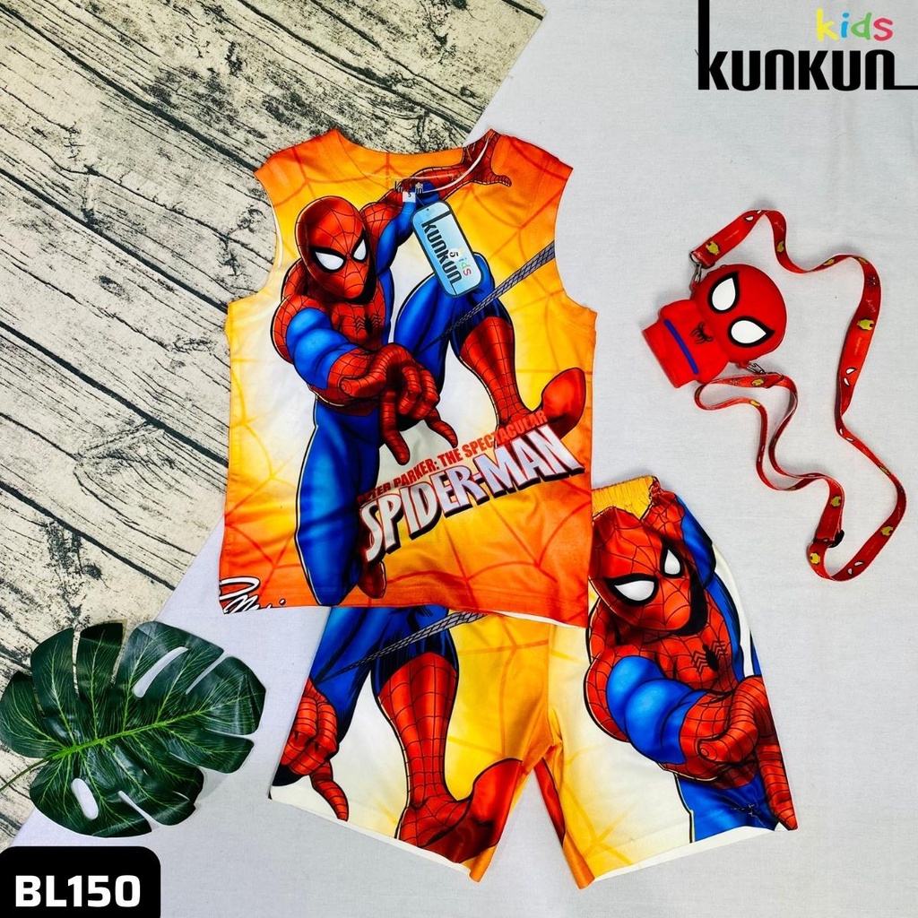 Quần áo trẻ em in 3D người nhện spiderman sát nách size từ 10-60kg KunKun BL150 - Bộ ba lỗ bé trai thun lạnh cao cấp