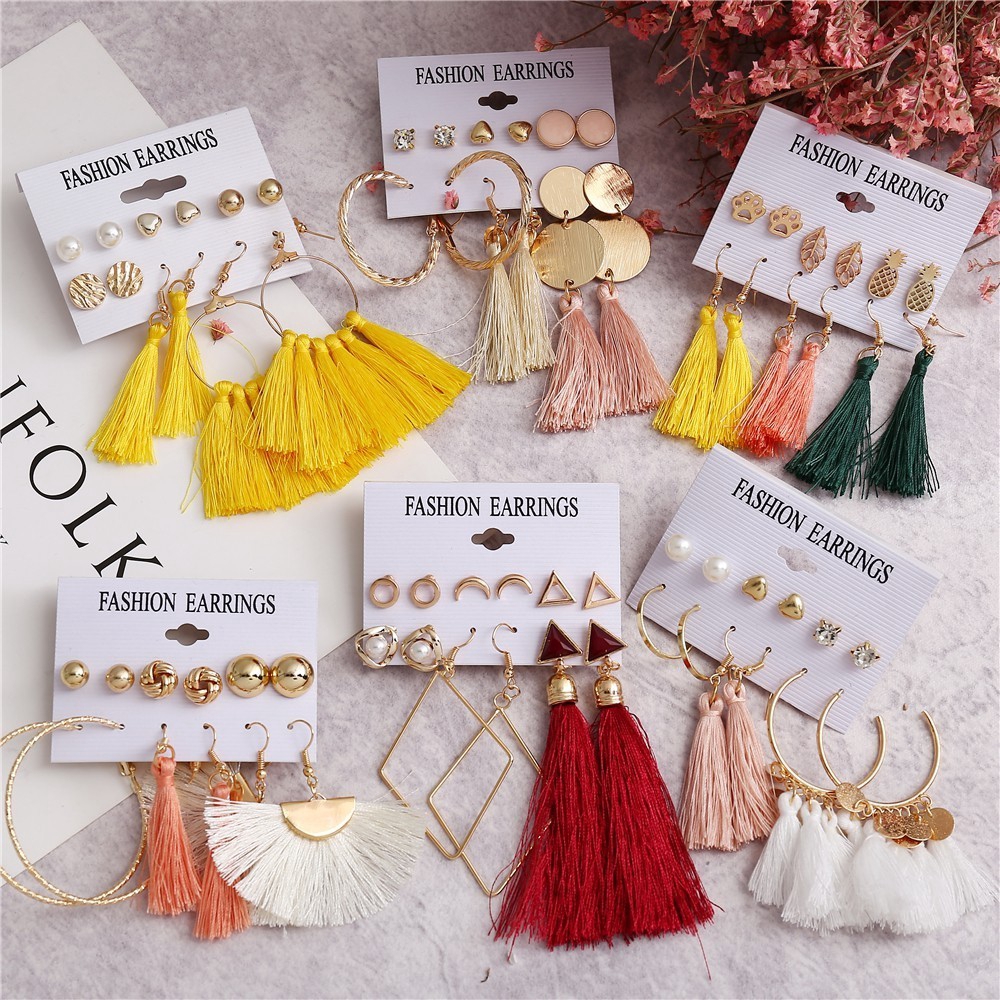 Set 6 đôi bông tai tua rua phong cách bohemian thời trang