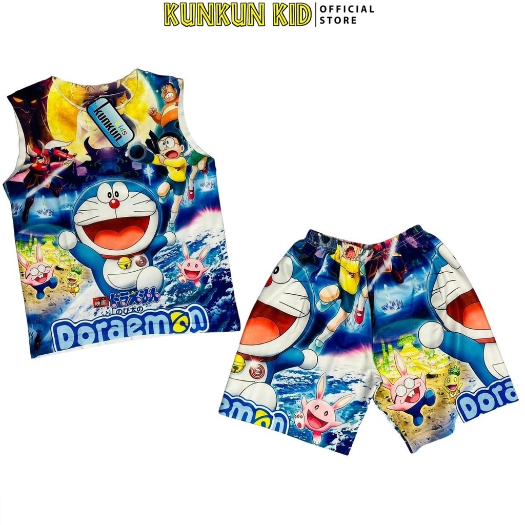 Đồ bộ ba lỗ thun lạnh hình doraemon xanh đậm cho bé trai size 10kg - 40kg Kunkun Kid BL139