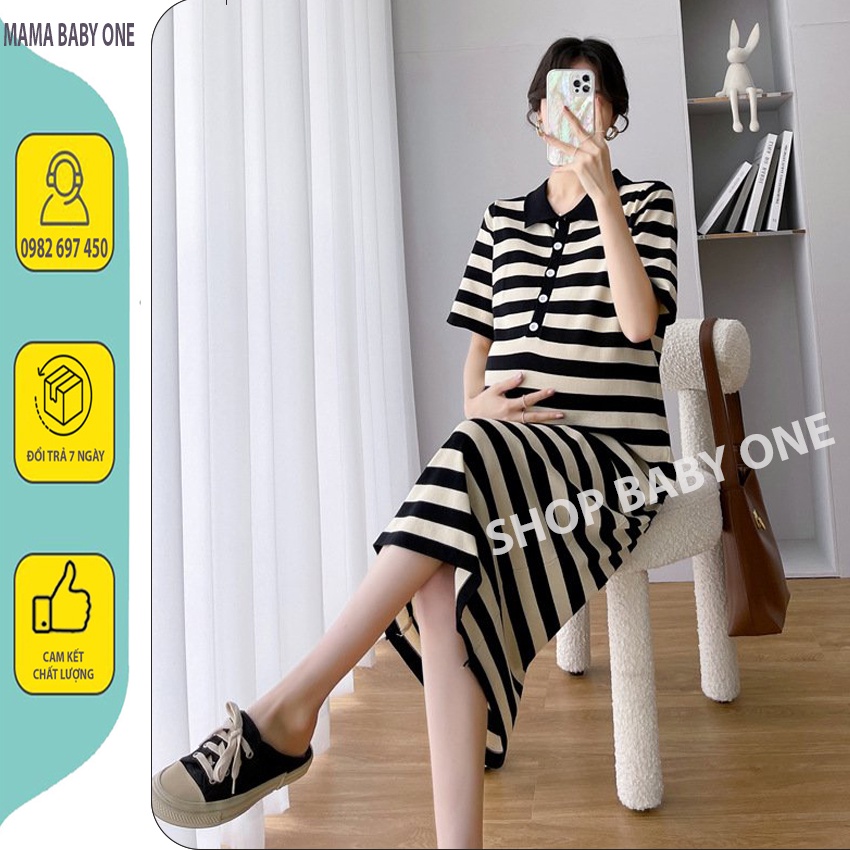 ĐẦM BẦU SUÔNG DÁNG DÀI CỔ SƠ MI CHẤT COTTON CAO CẤP, VÁY BẦU KẺ SỌC THỜI TRANG HÀN QUỐC