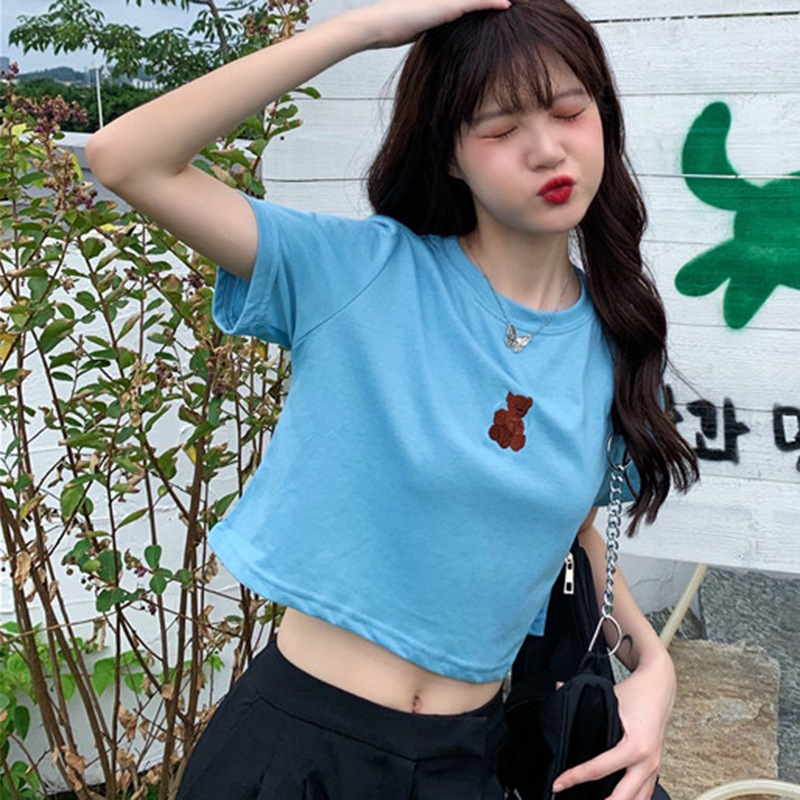 Áo croptop ngắn tay cổ tròn thêu họa tiết phong cách Hàn Quốc