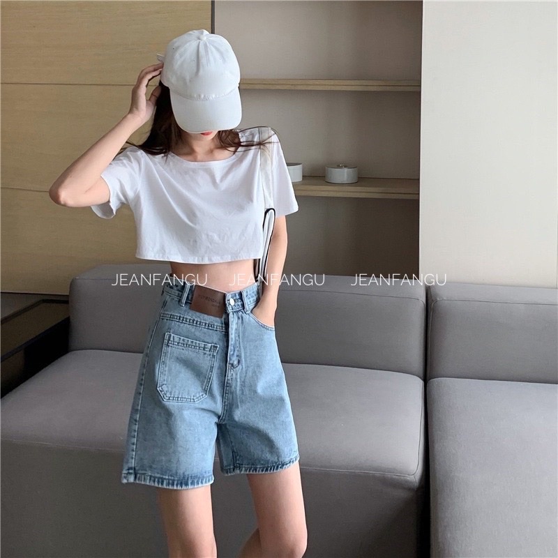 [Ảnh thật/Video]Quần ngố ống rộng tag da cạp cao cá tính , quần bò ngang đùi chất siêu đẹp JEANFANGU