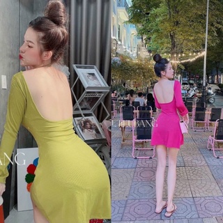 Đầm thun ôm body hở lưng tay dài dáng xòe có mút ngực + Clip ảnh thật