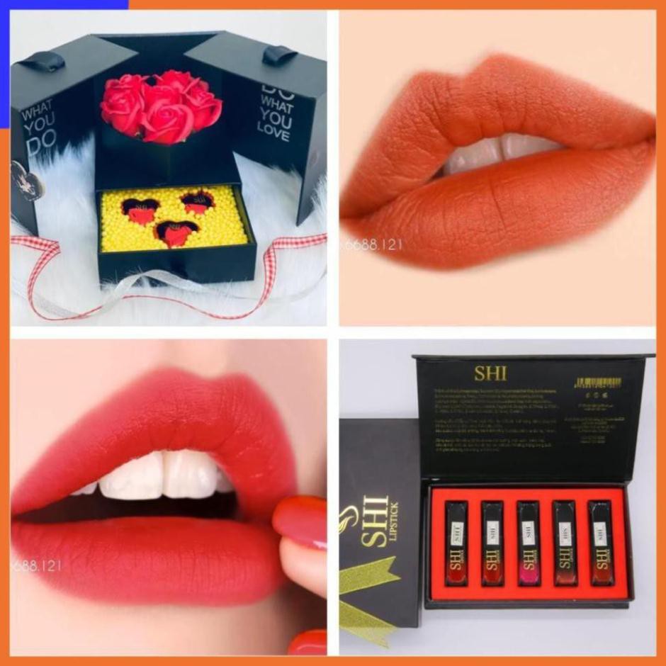 Son Lì Ăn Được - SET 5 CÂY - Son Shi 5 màu Tự Nhiên, Son Kem , Cam Kết KO CHÌ -  HỘP QUÀ TẶNG V V V