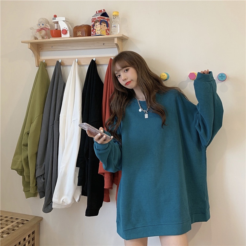 SUXI Áo Thun Tay Dài Cổ Tròn Dáng Rộng Màu Sắc Đơn Giản Phong Cách Hàn Quốc Cho Bạn Gái