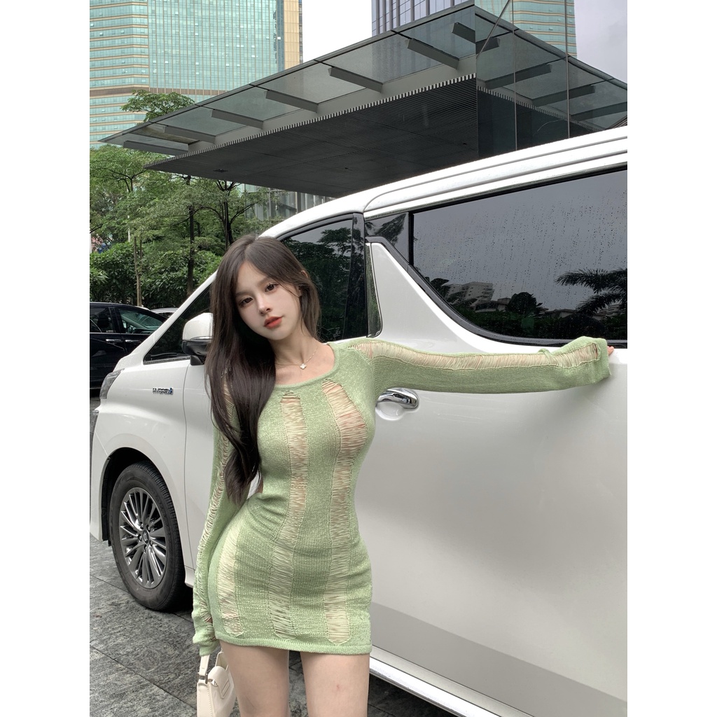 Đầm Dệt Kim Tay Dài Hở Lưng/ Không Hở Lưng Dáng Ôm Phong Cách Hàn Quốc Thời Trang Cho Nữ