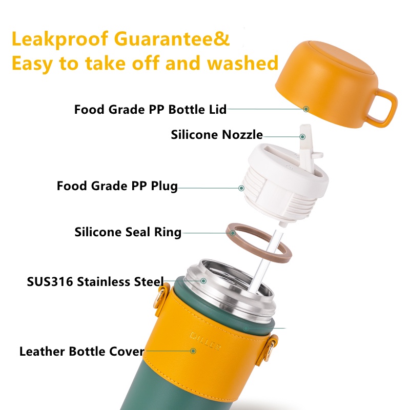 Bình nước giữ nhiệt DILLER MLH9070 bằng thép không gỉ sus316 có ống hút và vỏ bọc 480ml thời trang cho nữ