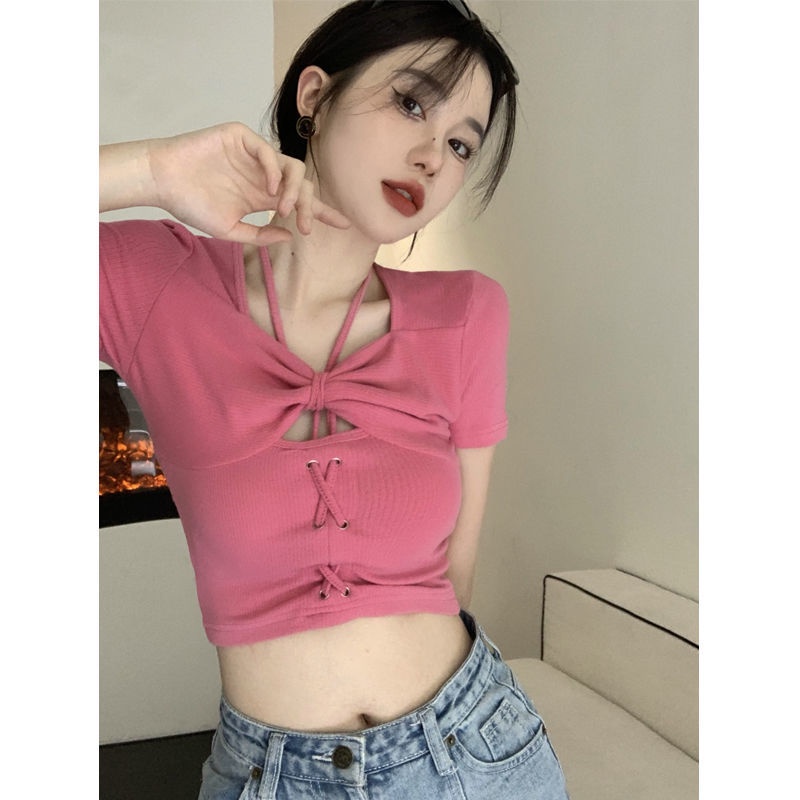Jiashucheng Áo Thun Ngắn Tay Ôm Dáng Hở Lưng Màu Hồng Phong Cách Mới Mùa Hè Cho Nữ
