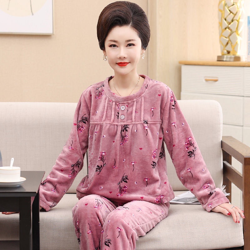 Bộ đồ ngủ dài tay vải nỉ của phụ nữ trung niên và người lớn tuổi ấm áp cho tuổi.