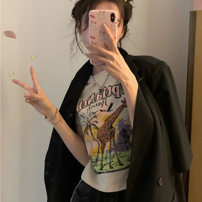 Áo Thun Ngắn Tay In Họa Tiết Hươu Cao Cổ Cổ Điển Dành Cho Nữ