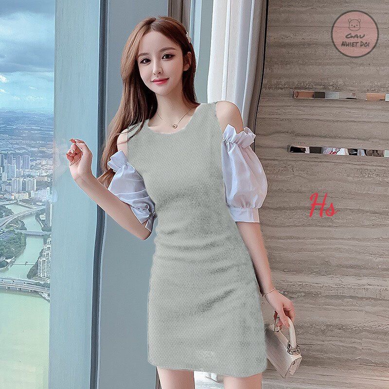 Váy Borip Phối Tay Phồng Hở Vai Kiểu Dáng Tiểu Thư Hai Freesize Màu Đen/Xám