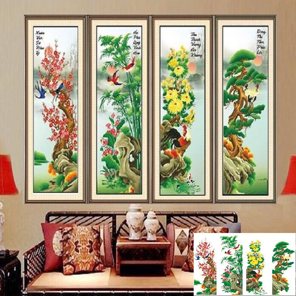 Tranh đính đá tứ quý xuân hạ thu đông. Tranh gắn đá chưa làm.