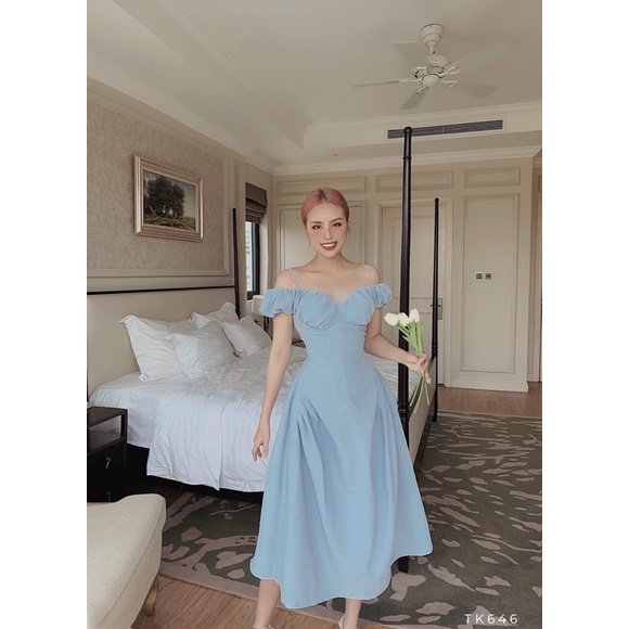 Đầm 2 dây rớt vai trễ vai tiểu thư, sang chảnh, nhẹ nhàng Sun Fashion