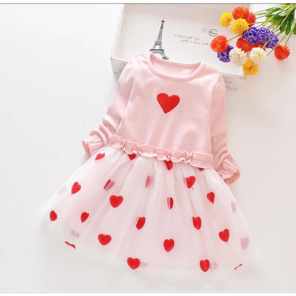 Đầm cho bé gái, Váy công chúa bé gái 7-15kg (0-3 tuổi) hồng nhạt dài tay chất cotton mềm mại in hình trái tim_19526606