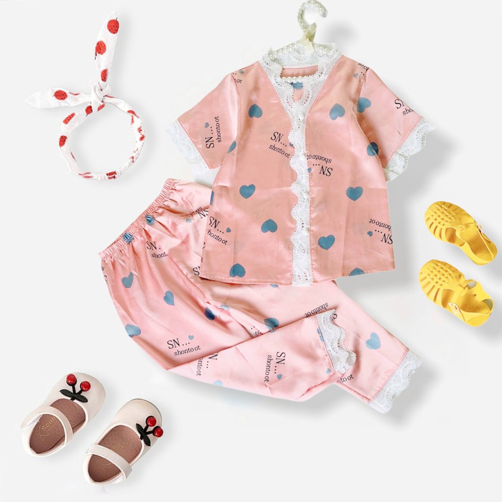 Bộ Đồ Ngủ Pijama Lụa Satin Tay Ngắn Siêu Xinh, Cộc Dài Mềm Mịn Cho Bé Gái BN23