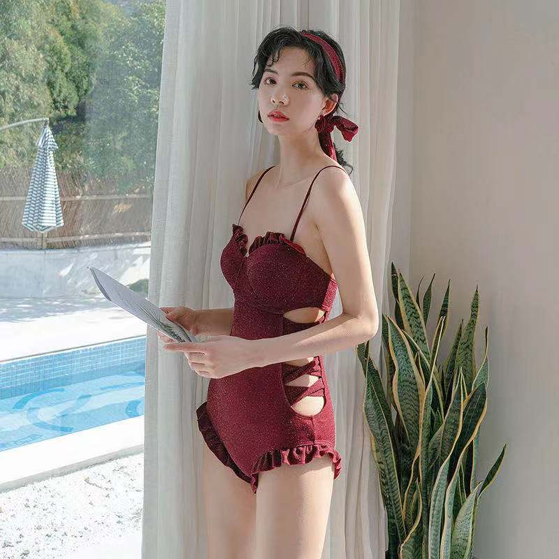 Red swimwear womens chest gathered tight slim slide hollow vintage swimsuit | BigBuy360 - bigbuy360.vn