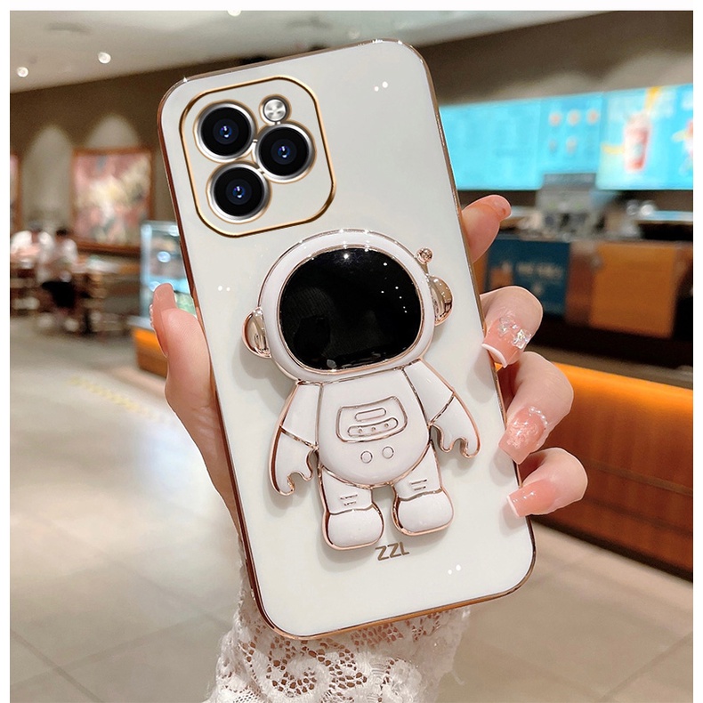 Ốp Điện Thoại Dẻo Vuông Mạ Màu Có Giá Đỡ Hình Phi Hành Gia Cho iPhone 14 13 12 11 Pro Max iPhone X XS XR Max 14 Plus