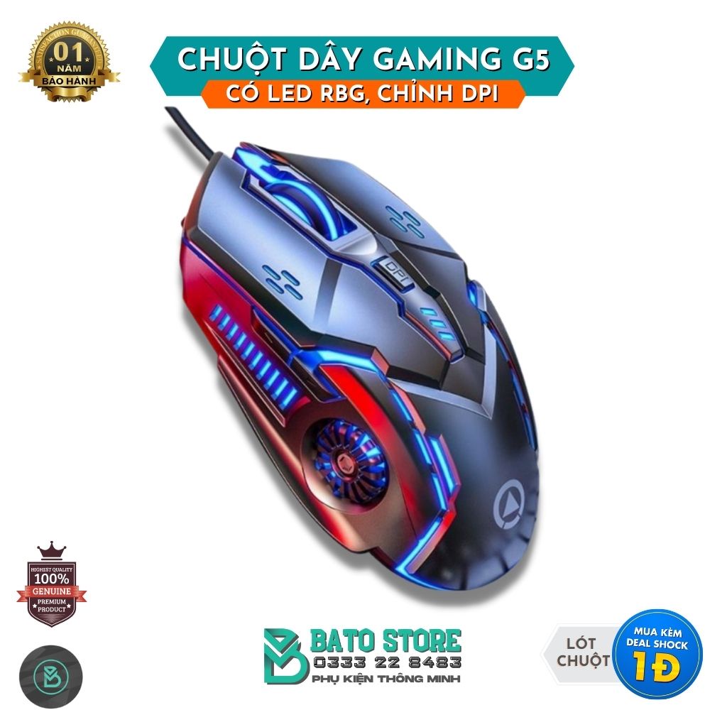 Chuột Dây Gaming G5 LED 7 màu cực đẹp, DPI khủng 3200, 5 nút, Chơi Game Hoặc Làm việc văn phòng đều chất