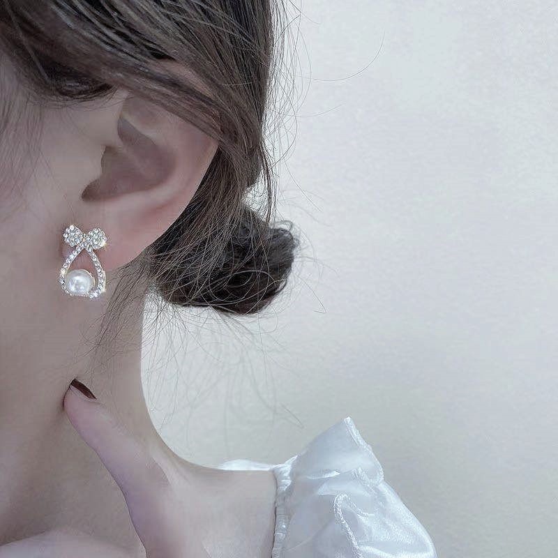 Bông tai bạc cao cấp Evasilver hình lơ đính ngọc trai, Khuyên tai chất liệu bạc ta sang trọng nữ tính