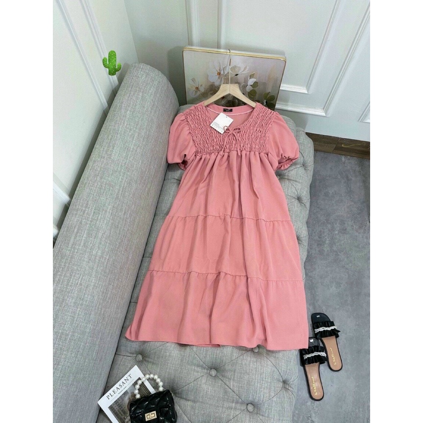 [Mới]Đầm Nhúm Tầng Phối Nơ Chât Voan Mềm Mại