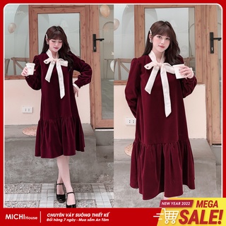 Váy Suông Dài Dáng Xuông Rộng Thiết Kế MICHI House Đầm Nhung Đỏ Đỏ Dài Tay Cổ Nơ Freesize Mặc Bầu Xinh V328