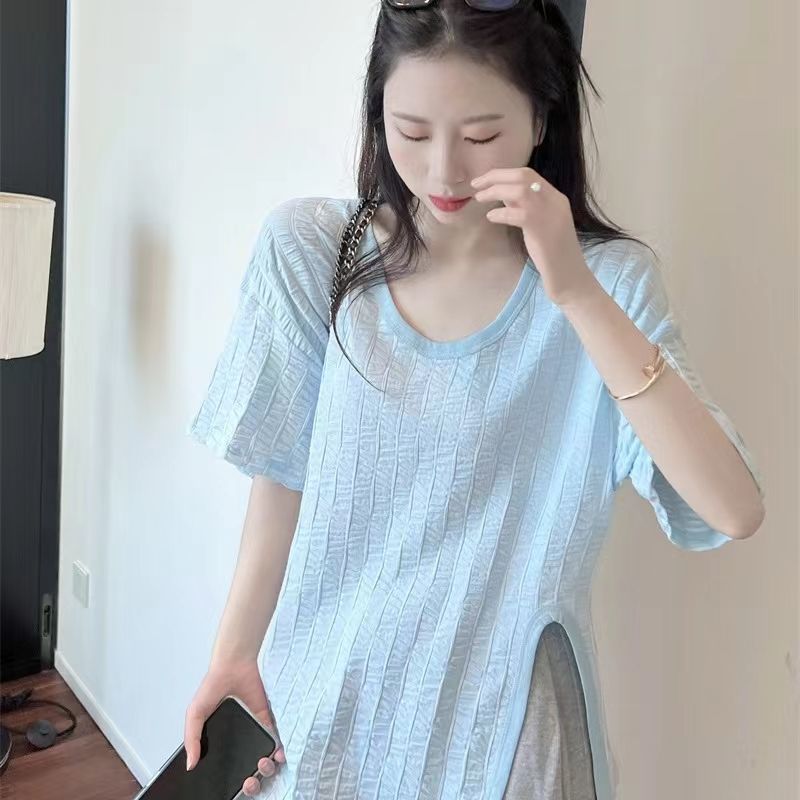 Áo Thun Tay Ngắn Cổ Chữ V Xẻ Tà Thời Trang Phong Cách Hàn Quốc Cho Nữ