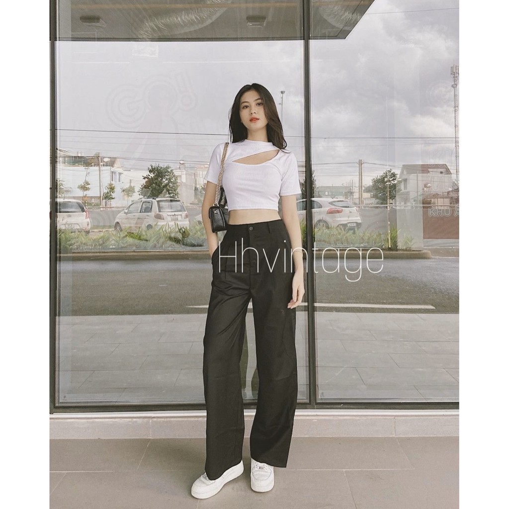 Áo croptop nữ tay ngắn HHVINTAGE kiểu khoét 2 mặt co giãn Top A37