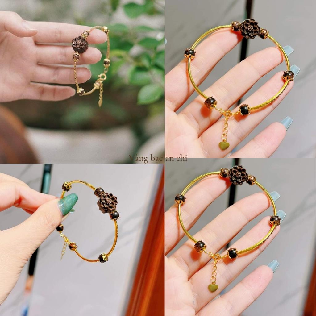 Lắc tay kiềng bạc charm hoa sen trầm hương cho nữ - Anchi jewelry