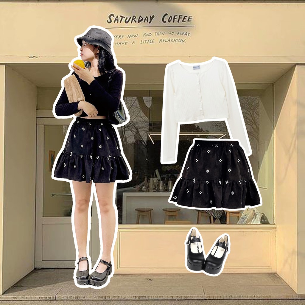 Naked By V - Chân váy họa tiết hoa bo eo chun Adore Skirt