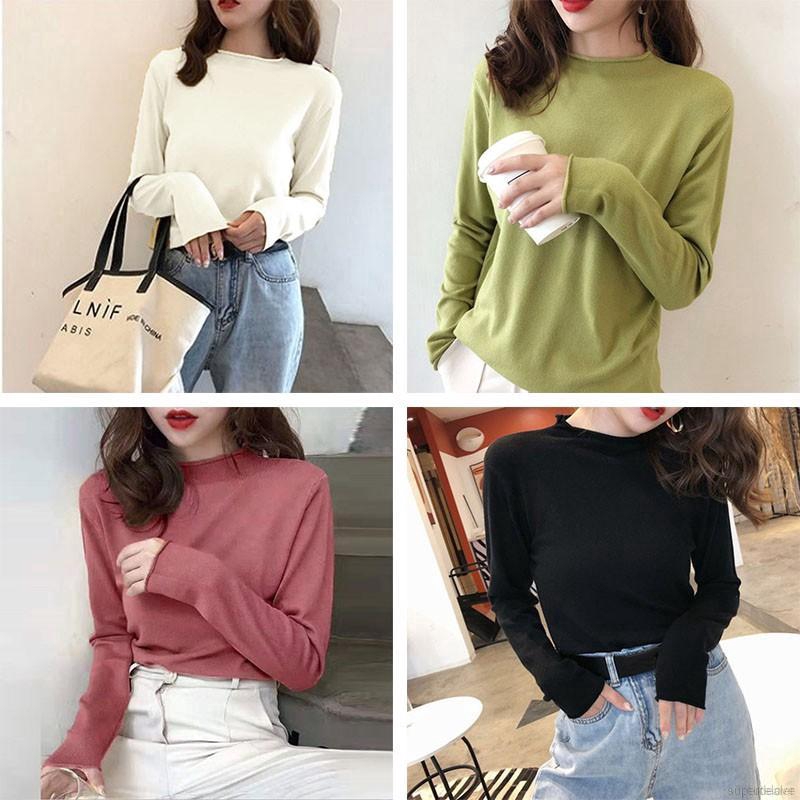 Women Slim Long-Sleeved Half High Collar Slim Bottom Sweater Female Tshirt Tops | BigBuy360 - bigbuy360.vn