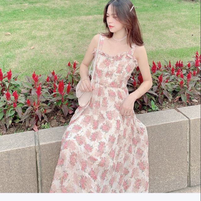 Đầm váy nữ trắng hoa hồng 2 dây phom suông xòe rộng