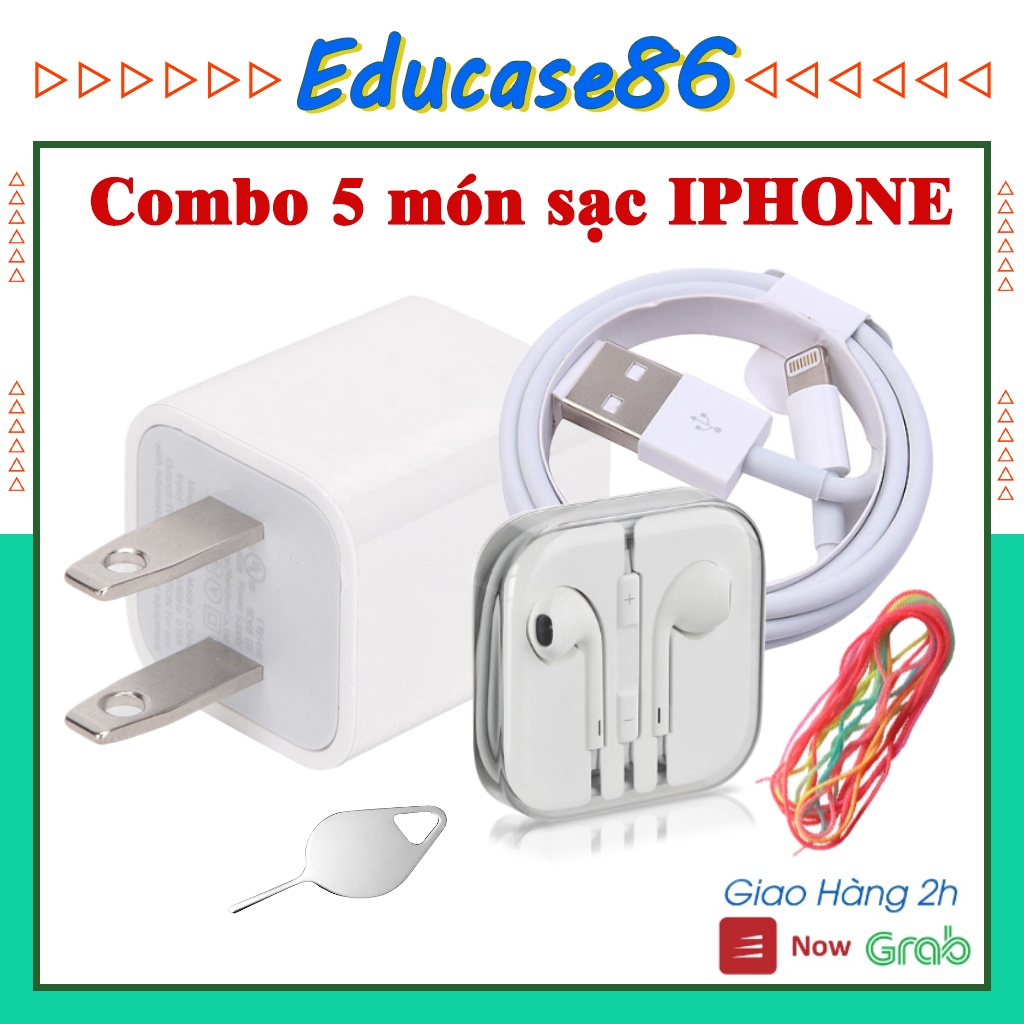 COMBO 5 Món Củ sạc VUÔNG IPHONE + Cáp sạc IPHONE +Tai nghe chân tròn +3 dây cuốn sạc/tai nghe + Que lấy sim. Educase86
