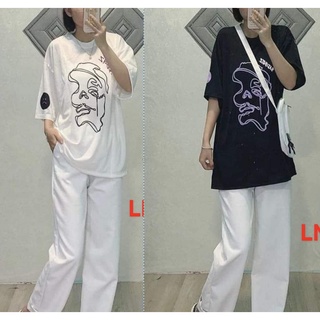 Set bộ nữ mặc nhà đi chơi đi học siêu xinh,Set bộ áo phông sadboi form thụng rộng tay lỡ kèm quần ống rộng trắng