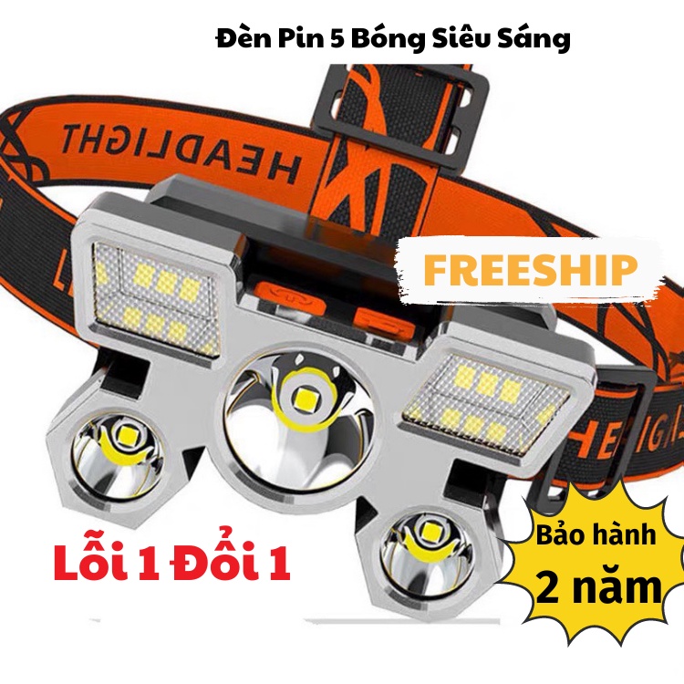 Đèn Pin Đội Đầu 5 Bóng, Đèn Pin Siêu Sáng Chống Nước Đeo Đầu Tiện Lợi ĐÈN TOKI