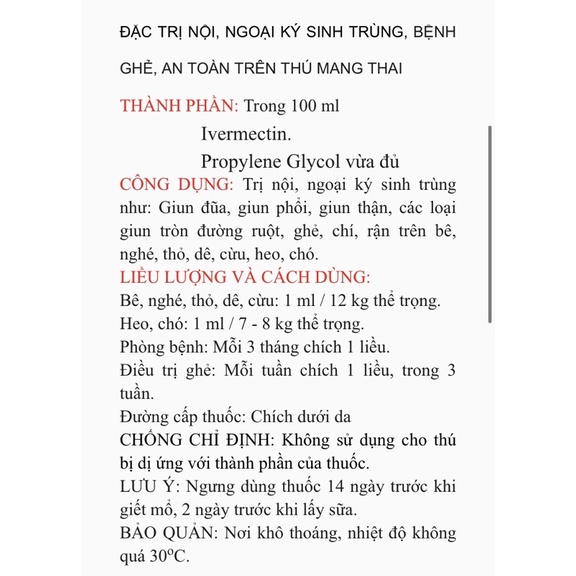 Bivermectin giảm ve, ghẻ, kí sinh trùng 20ml