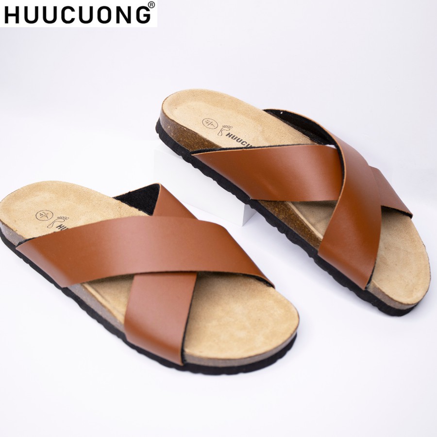 Dép unisex HuuCuong quai chéo pu nâu đế trấu handmade