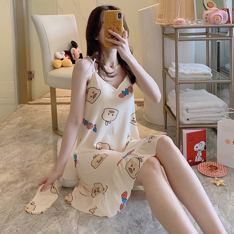 VÁY NGỦ HAI DÂY CHẤT COTTON STYLE HÀN SIÊU XINH TẶNG KÈM MÚT ĐỆM NGỰC