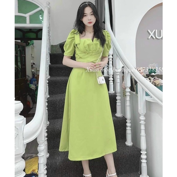 Đầm Dự Tiệc Thiết Kế Dáng Xòe Tay Phồng Cổ Vuông Cách Điệu 2 Dây Đan Chéo Xinh Sắn Thời Trang Váy Nữ Xm Minh Phúc