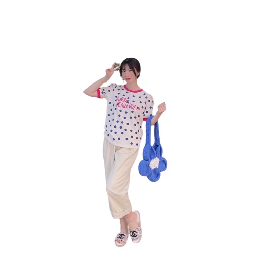 Sét áo phông chấm bi mix quần baggy kem mềm mịn kiểu dáng đơn giản kute-Minxy shop