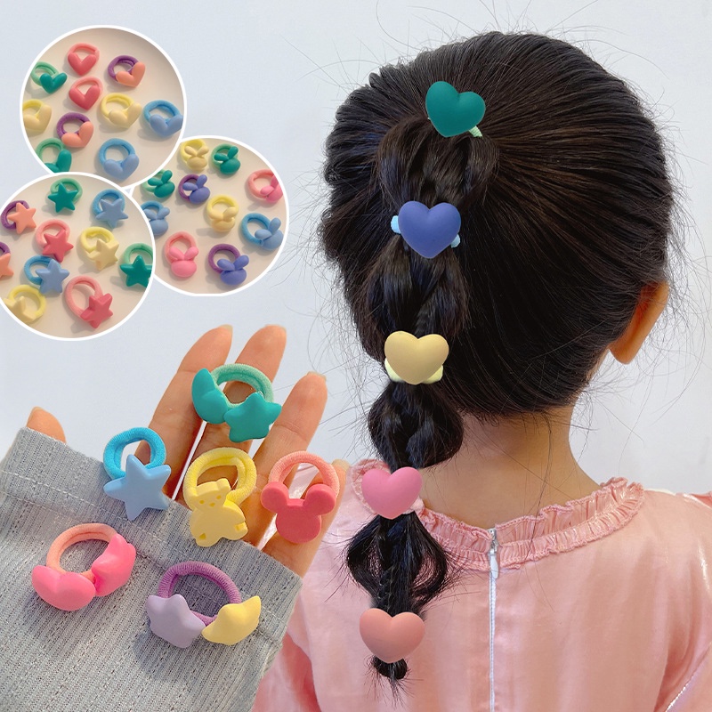 Bộ 10 Dây Cột Tóc Cao Su Thiết Kế Thắt Nút/Ngôi Sao/Hoạt Hình Cho Bé Gái