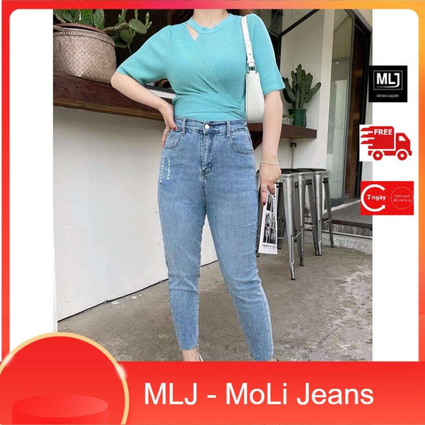 Quần jean rách 9 tấc Bigsize lưng cao, rách nhẹ, màu xanh bạc, co dãn mạnh 4 chiều 4086 MLJ !