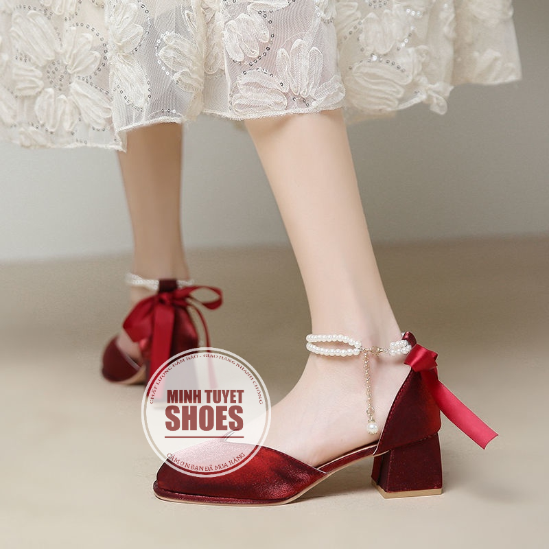 giày nữ minhtuyetshoes đế vuông FROM LỚN LÙI SIZE 5cm bít mũi chuỗi ngọc buộc dây mẫu mới mang đi chơi noel tết cực xinh
