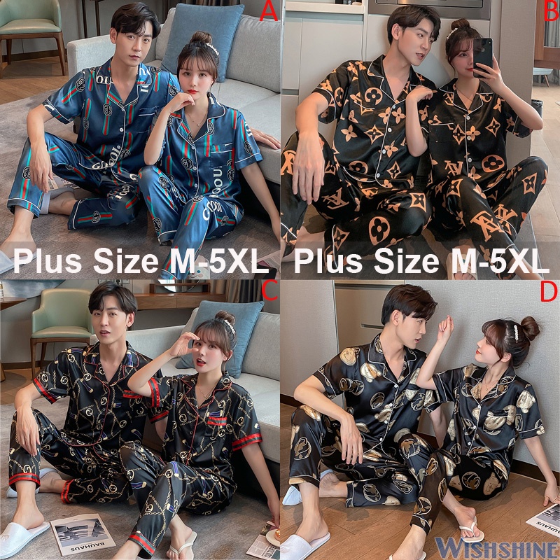 Bộ Đồ Ngủ Lụa Satin Tay Ngắn Plus Size M-5XL Cho Nam Nữ