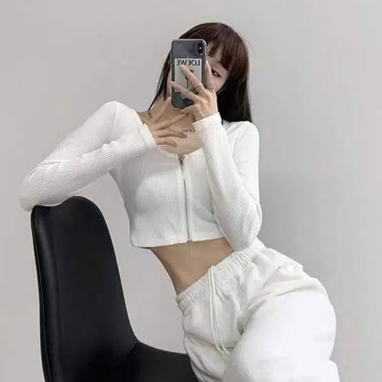 Happy-store ❤️ Áo croptop tay dài dây kéo thun gân - Crt dài tay dây kéo chất đẹp