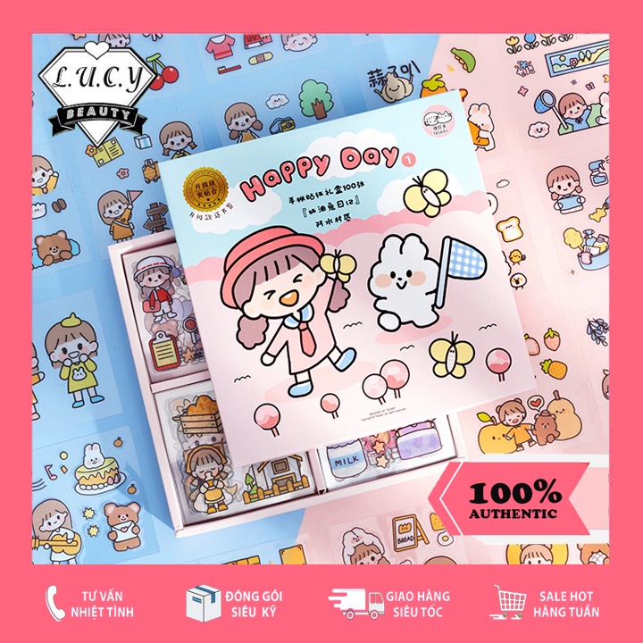 Hộp 100 tấm nhãn dán sticker đáng yêu làm quà tặng sinh nhật, trang trí điện thoại, sổ tay, kệ đựng, bình nước...