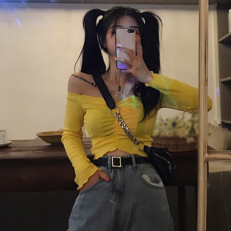 Áo Croptop Tay Dài Trễ Vai Thiết Kế Quyến Rũ Cho Nữ