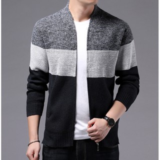 Áo khoác len nam dài tay, khóa kéo, dáng bomber, sọc ngang 3 màu – AL26