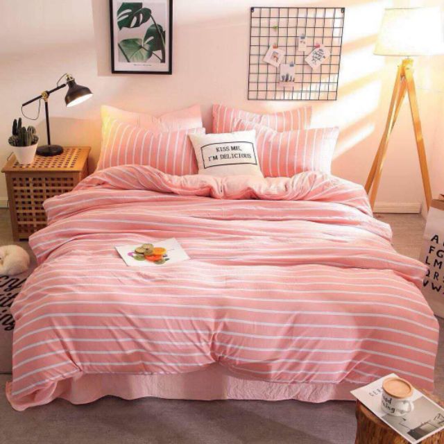 Bộ HỒNG KẺ BÁNH BÈO set đũi 4 món chăn ga gối Hàn Quốc