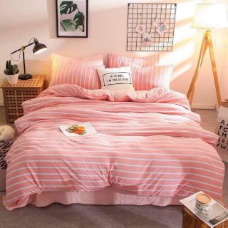 Bộ hồng kẻ bánh bèo set đũi 4 món chăn ga gối hàn quốc